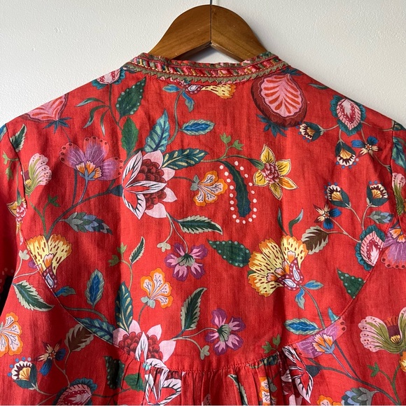 Johnny Was Coral Workshop Unlined Ramie Embroidered Tunic Long Sleeve Blouse